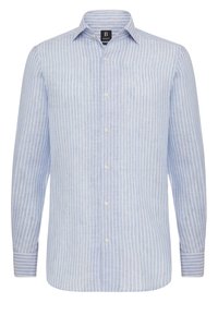 Jasnoniebieska, długorękawowa koszula zapinana na guziki z białymi pionowymi paskami i klasycznym kołnierzykiem, oznaczona marką Boggi Milano.