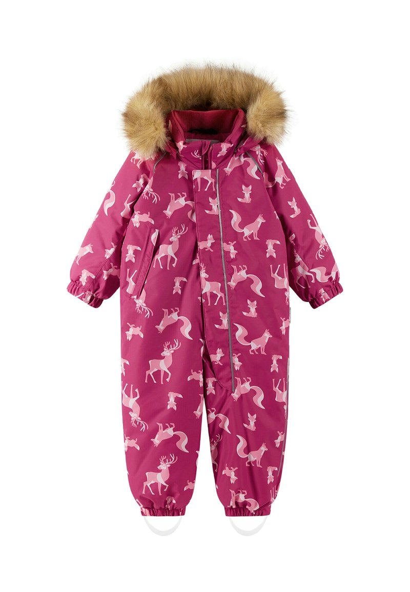 Ροζ χιτονάκι με κουκούλα επενδεδυμένη με γούνα, διακοσμημένο με σχέδιο από αλεπούδες και ελάφια, ελαστικές μανσέτες και μπροστινό φερμ ουάρ με τσέπες.