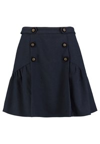 Gonna blu navy con una forma svasata, caratterizzata da un alto punto vita, chiusura anteriore a doppio petto e tessuto testurizzato.