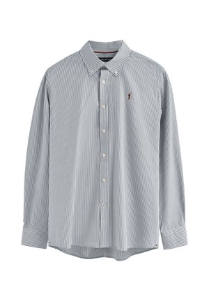 Camicia a righe con colletto button-down, tessuto blu e bianco, maniche lunghe, con un piccolo logo ricamato sul petto.