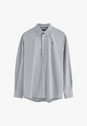 Koszula w paski z kołnierzykiem na guziki, tkanina w kolorze niebiesko-białym, długie rękawy, z małym haftowanym logo na piersi.