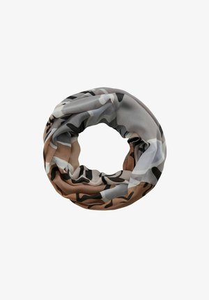 Mehrfarbiger Infinity-Schal mit einer leichten, seidigen Textur und abstrakten Mustern in Braun, Grau und Schwarz. Glattes und nahtloses Design.