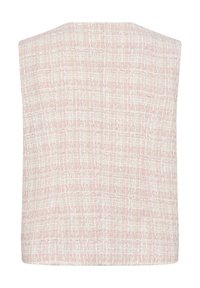 Gilet di tweed rosa con un motivo a griglia texturizzato. Design senza maniche, orlo dritto e sottili dettagli intrecciati. Vista posteriore pulita e minimalista.