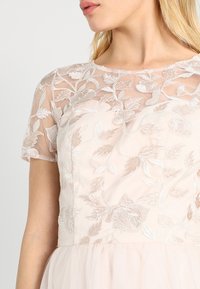 Blush dress featuring short sleeves, sheer floral lace overlay, and intricate embroidery on a soft tulle skirt. Elegant, textured design details.