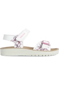 Sandalias blancas con estampados florales, correa ajustable y una plantilla de corcho texturizada. Presentan una suela de plataforma de color claro con estrías.