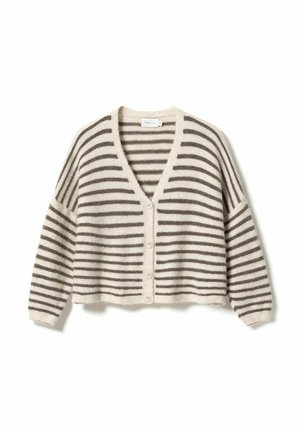 Beige og brunstribet cardigan med knapper, lange ærmer og V-hals, kort pasform og blødt tekstureret strikket stof.