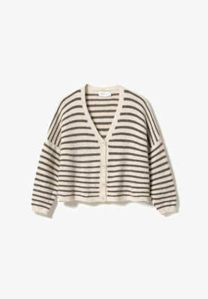 Beige-braun gestreifte Strickjacke mit Knöpfen, langen Ärmeln und V-Ausschnitt, cropped Passform und weichem, strukturiertem Strickstoff.