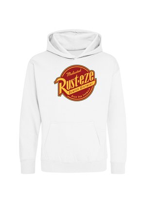 Witte capuchonsweater met een voorzak en een rood-geel Rust-eze-logo in het midden van de borst.