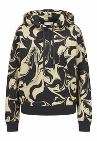 Sweat à capuche en tissu noir avec motif abstrait en marbre doré. Comprend des cordons de serrage, des poignets et une base côtelés pour un ajustement serré.