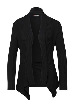 Sort ribstrikket cardigan med åben front, lange ærmer og draperet asymmetrisk skørt, mærket "Street One."