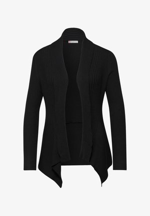 Czarny prążkowany kardigan o otwartym przodzie, z długimi rękawami i asymetrycznym, drapowanym dołem, oznaczony marką "Street One".