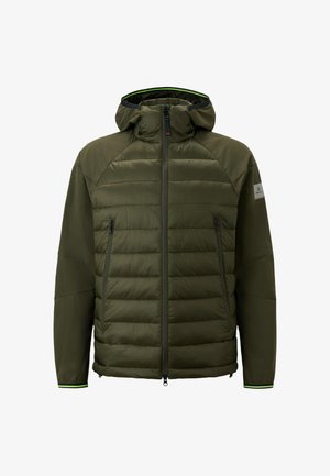 Olivgrüner Puffer-Jacke mit anpassbarem Kapuzen, Reißverschluss vorne und Seitentaschen. Verfügt über gerippte Bündchen und einen leichten, strukturierten Stoff.