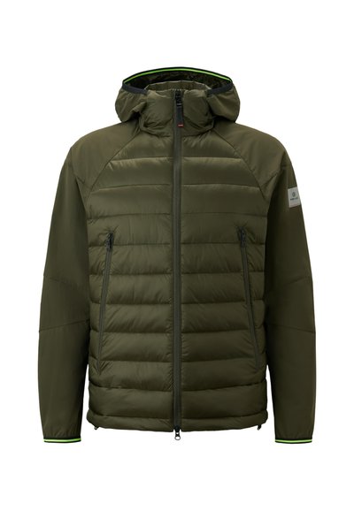 Olive green puffer jacket with a fitted hood, zippered front, and side pockets. Features ribbed cuffs and a lightweight, textured fabric.