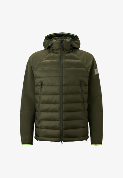 Olive green puffer jacket with a fitted hood, zippered front, and side pockets. Features ribbed cuffs and a lightweight, textured fabric.