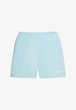 Șorturi din țesătură de bumbac bleu deschis, cu talie elastică, buzunare laterale și un mic logo alb imprimat în partea frontală inferioară.
