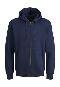Felpa con zip di colore blu navy, realizzata in materiale morbido, dotata di tasca a marsupio, cordini regolabili e polsini e orlo a costine.