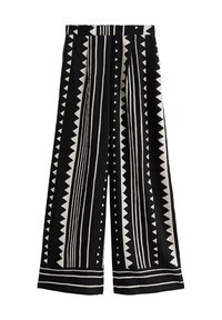 Wijd uitlopende broek in zwart-witte stof, met verticale strepen en driehoekige patronen. Lichtgewicht materiaal met een gestructureerde afwerking.