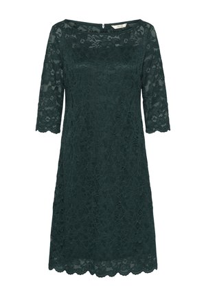 Abito in pizzo verde scuro con maniche a tre quarti, scollatura a barca e orlo scallop. Presenta un motivo floreale e zip nascosta sul retro.