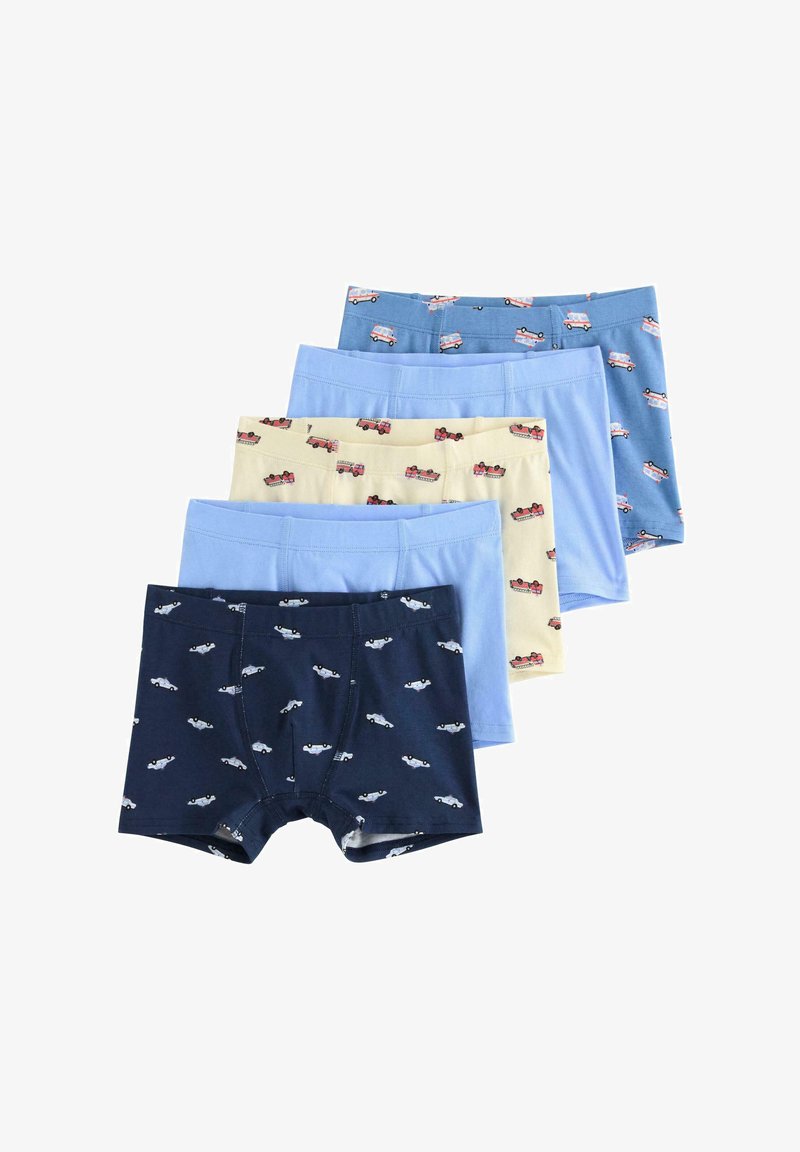 Cinque paia di boxer in cotone per ragazzi in diverse tonalità di blu e giallo, con divertenti stampe di camion dei pompieri e automobili.