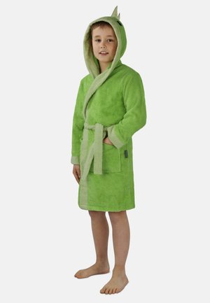 Grüner Plüschmantel mit Kapuze und Drachendesign. Enthält einen Gürtel, eine Seitentasche und eine weiche Textur.