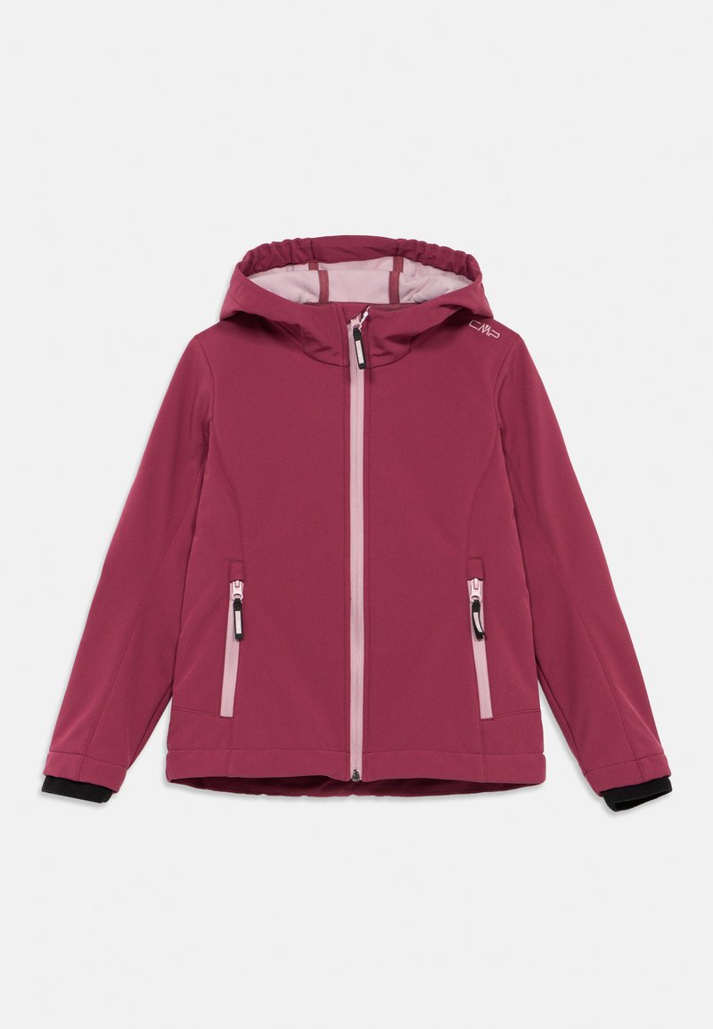 Μαλακό μπουφάν με κουκούλα σε μπορντό χρώμα για παιδιά, με εμπρόσθιο φερμουάρ και δύο πλαϊνές τσέπες με φερμουάρ σε λευκό φόντο.