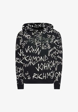 Felpa nera con testo astratto bianco e motivi. Dotata di cappuccio, cordini e tasca a kangaroo frontale. Polsini e orlo a coste.