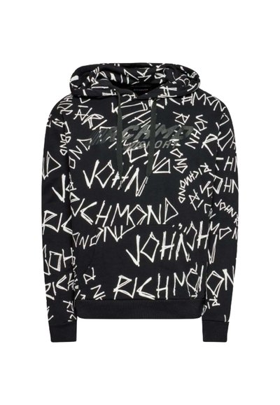 Felpa nera con testo astratto bianco e motivi. Dotata di cappuccio, cordini e tasca a kangaroo frontale. Polsini e orlo a coste.