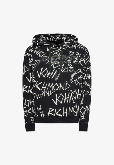 Felpa nera con testo astratto bianco e motivi. Dotata di cappuccio, cordini e tasca a kangaroo frontale. Polsini e orlo a coste.