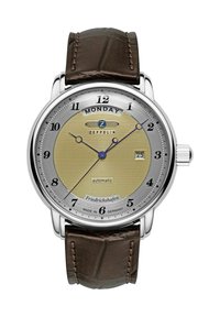 Zeppelin Automatikuhr mit einem runden Gehäuse aus silbernem Edelstahl, goldfarbener Strukturzifferblatt, braunem Lederarmband und blauen Stunden- und Minutenzeigern.