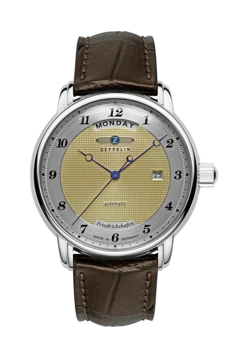 Zeppelin Automatikuhr mit einem runden Gehäuse aus silbernem Edelstahl, goldfarbener Strukturzifferblatt, braunem Lederarmband und blauen Stunden- und Minutenzeigern.