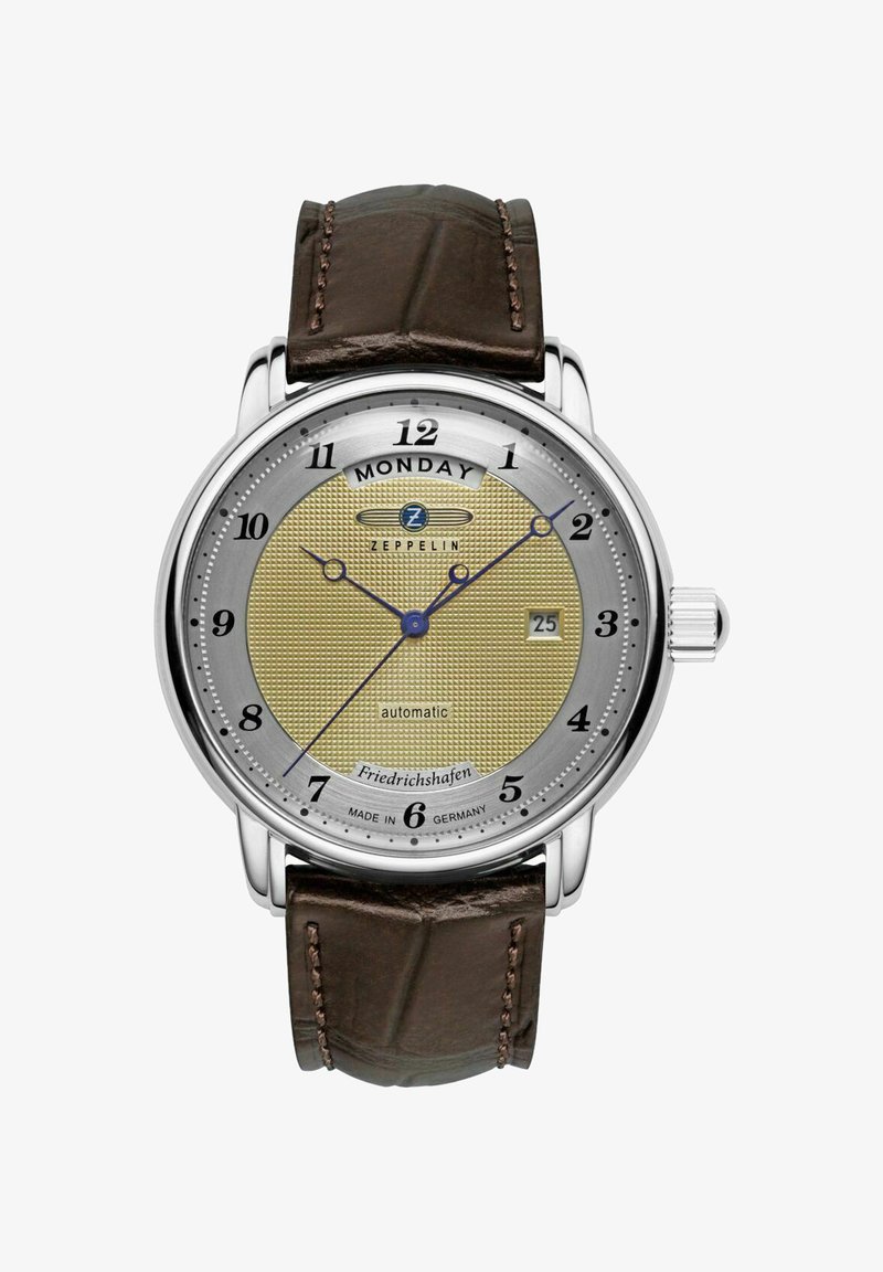 Zeppelin Automatikuhr mit einem runden Gehäuse aus silbernem Edelstahl, goldfarbener Strukturzifferblatt, braunem Lederarmband und blauen Stunden- und Minutenzeigern.