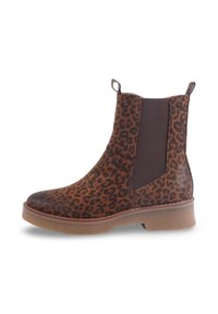 Bottines à imprimé léopard avec suède marron, panneaux latéraux élastiques, tirants et épaisse semelle en caoutchouc marron. Présente un design à bout rond.