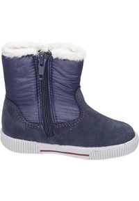 Marineblauwe enkelboot met nepbont kraag, zijritssluiting en witte rubberen zool. Beschikt over een zachte suede textuur en contrasterende stiksels.