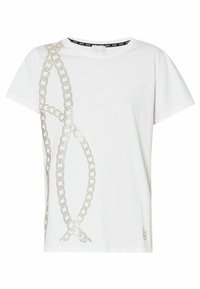 T-shirt bianco in cotone con design a catena dorata e dettagli con borchie sul davanti. Maniche corte e scollatura rotonda.