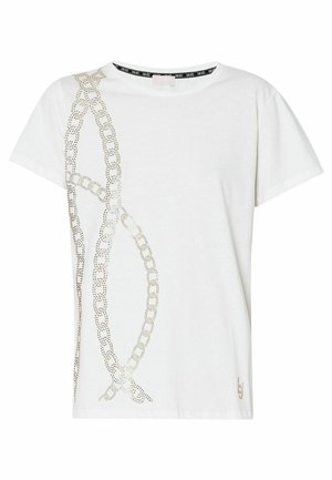 T-shirt bianco in cotone con design a catena dorata e dettagli con borchie sul davanti. Maniche corte e scollatura rotonda.