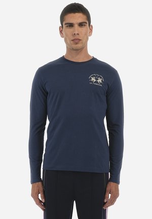 Navy long-sleeve T-shirt in cotton with a crew neckline, featuring an embroidered logo on the chest and a smooth texture.