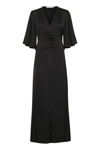 Black satin dress with a V-neck, short flutter sleeves, gathered detail at the waist, and a front slit for ease of movement.