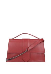 Borsa a tracolla in pelle rossa con un design strutturato, pattina superiore piatta, tracolla a catena removibile e una texture sottile. Presenta un dettaglio cucito centrale.