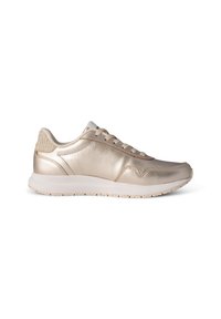 Metallic gold sneaker with a smooth upper, textured heel accent, and white rubber sole. Features flat laces and subtle stitching details.