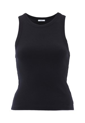 Débardeur noir sans manches en maille côtelée avec un col rond et une silhouette ajustée.