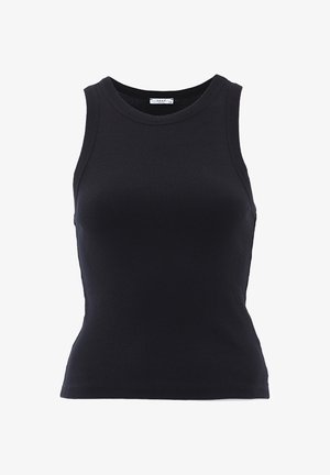 Zwart mouwloos geribbeld tanktop met ronde halslijn en een aansluitend silhouet.