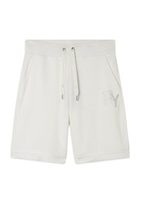 Pantaloni corti leggeri bianchi realizzati in tessuto morbido, con un cordoncino regolabile e un logo in pietra argentata decorativa sulla parte frontale.