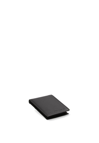 Zwarte leren portemonnee met een strak ontwerp, met een bi-fold vorm en reliëfdetails. Vlotte textuur en minimalistische stijl.