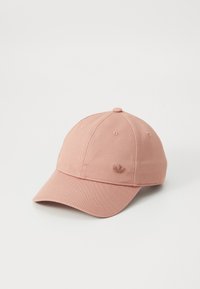 Pink cotton baseball cap with a curved brim, featuring six panels and a textured fabric. A small logo is centered on the front.