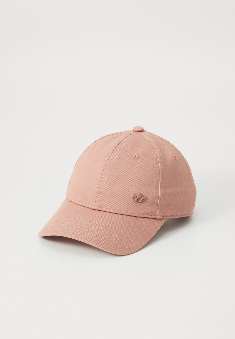 Pink cotton baseball cap with a curved brim, featuring six panels and a textured fabric. A small logo is centered on the front.