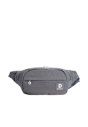 Graue Bauchtasche mit Frontreißverschlusstasche, verstellbarem Gurt und Discovery-Logo-Patch auf der rechten Vorderseite.