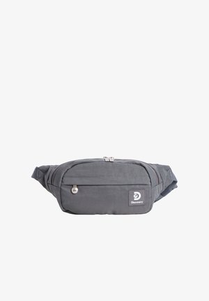 Graue Bauchtasche mit Frontreißverschlusstasche, verstellbarem Gurt und Discovery-Logo-Patch auf der rechten Vorderseite.
