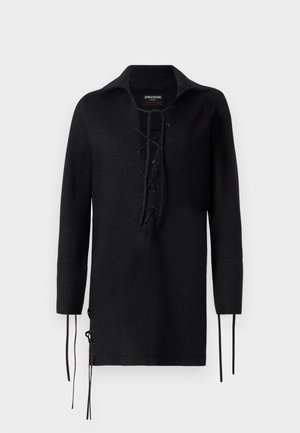 Zwarte lange mouwen shirt met een veteropening aan de voorkant, voorzien van een kraag, zijsplitten met banden en een gestructureerd materiaal.