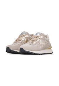 Sneaker beige con tomaia testurizzata, dettagli dorati e suola in gomma nera. Presentano lacci e un design imbottito per maggiore comfort.