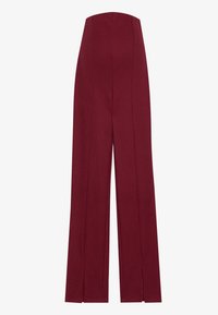 Burgundy wide-leg pants with a high waist, featuring vertical ribbing and slits at the hem for added design detail. Made of textured fabric.